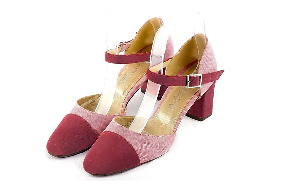 Women's raspberry red and dusty rose pink open side dress shoes, with an instep strap. Round toe. Medium block heels - Front view